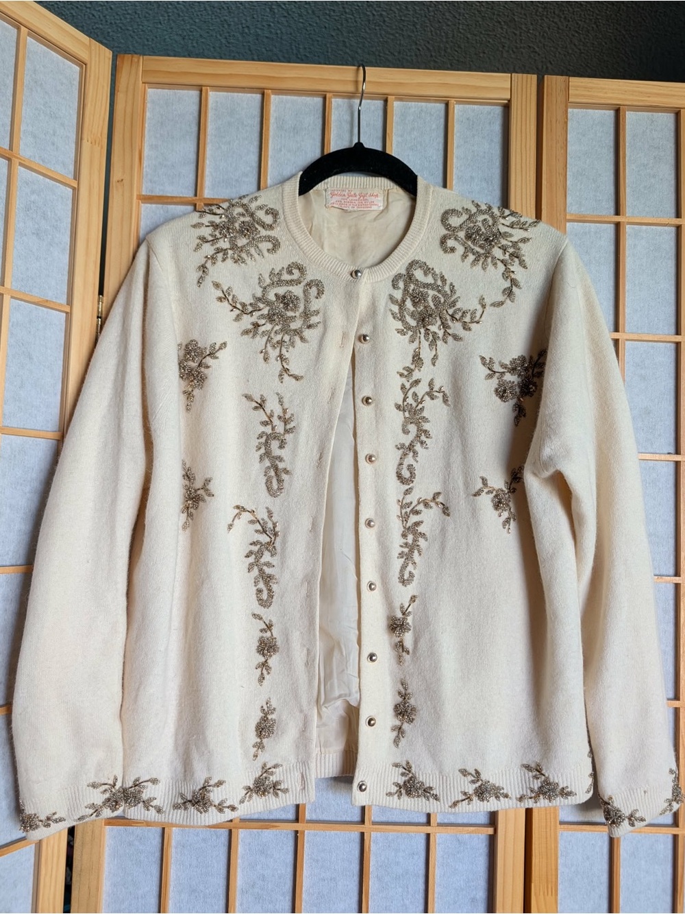 Vintage Lambs Wool Angora Cream Embroidered Cardigan Sweater